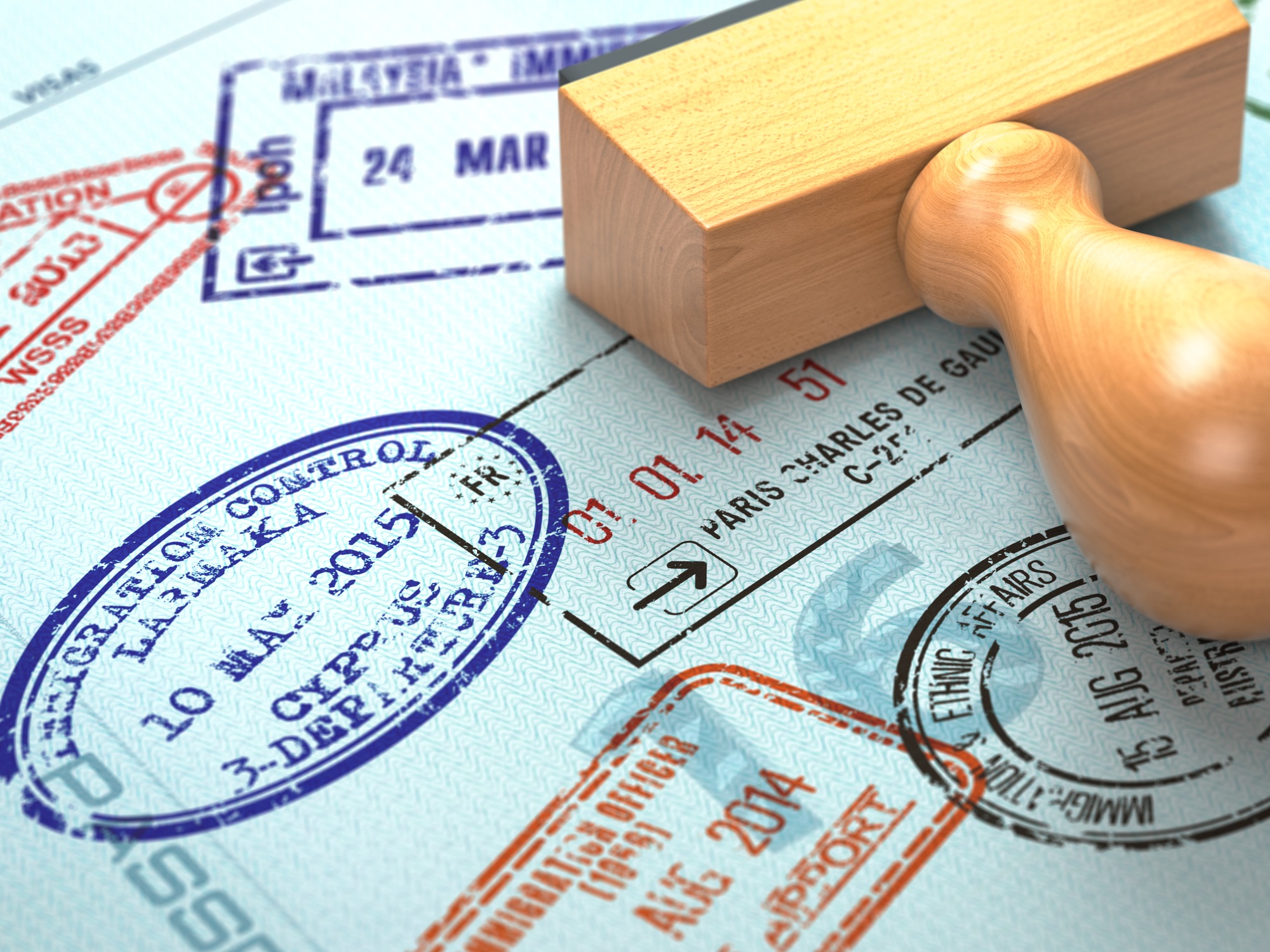 Passport with visa stamps. Travel or turism concept background.